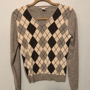 Brooks Brothers Gray and Cream Argyle V-Neck Sweater